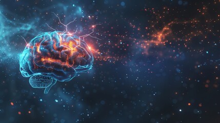 A lone AI entity depicted as a glowing brain floating in a vast digital space, contemplating the universe.