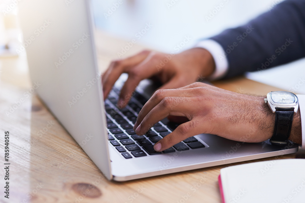 Poster hands, laptop keyboard and desk for typing email, online research and business communication. finger