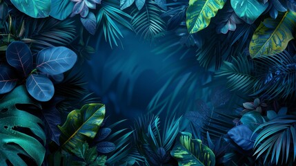 A vibrant abstract neon background with tropical leaves and a circular frame design