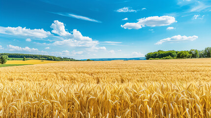 a panoramic view of a sprawling wheat field with rows of golden crops that stretch to the horizon