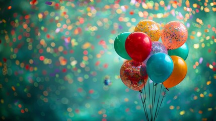 A vibrant display of balloons and confetti against a backdrop of green and blue - obrazy, fototapety, plakaty