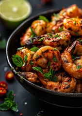 Close up of a bowl filled with delicious grilled shrimp, garnished and decorated with vibrant herbs and spice