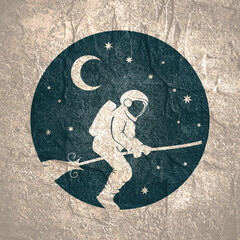 Astronaut monochrome sketch. Spaceman flying on broomstick. Backdrop filled with crescent moon and stars. Astronaut cosmic traveler concept.