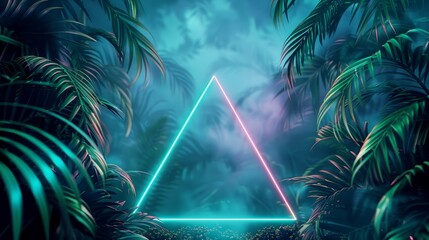An abstract neon-themed background featuring tropical leaves and a triangular frame