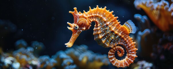 detailed brown seahorse against a blurred aquatic backdrop, highlighting marine life. - obrazy, fototapety, plakaty