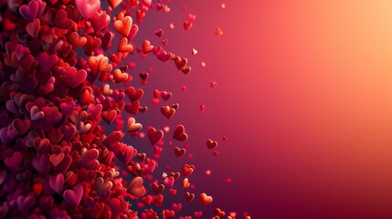 An artistic Valentines Day background featuring a cascade of red and pink hearts