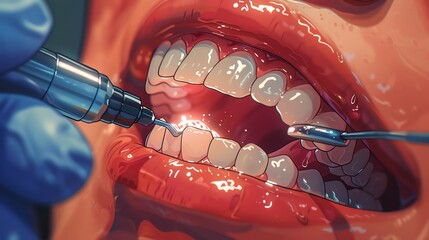 Illustration of a dentist using an ultrasonic scaler, extreme closeup on the tooth - obrazy, fototapety, plakaty