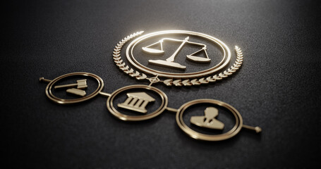 Golden Scales of Justice and Legal Icons: symbolizing Law and Order. Legal System concept - 785941571