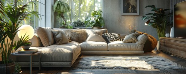 Magazine-quality imagery of a 3D-rendered cozy living room, offering inspiration for interior design enthusiasts. - obrazy, fototapety, plakaty