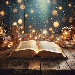 open book with candle,an ancient book shimmering magical lights on a worn vintage table,...
