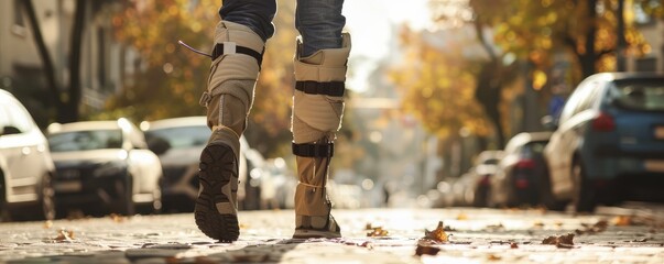 The image captures the lower body of a man with a prosthetic leg, showcasing mobility and technology in a street setting. - obrazy, fototapety, plakaty