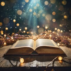 book and candle,an ancient book shimmering magical lights on a worn vintage table, transporting...