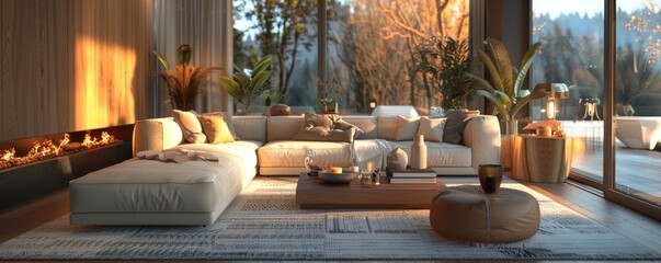 Immersive 3D rendering capturing the essence of modern coziness in a stylish living room setting, ideal for editorial spreads.