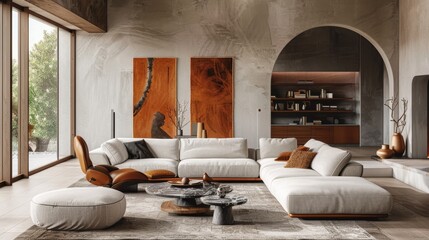 Editorial portrayal of a meticulously crafted modern living room, incorporating elements of comfort and contemporary design.