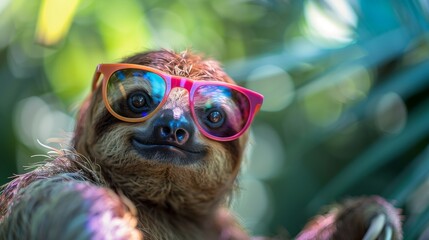 Naklejka premium An ultra-realistic photograph capturing a stylish sloth donning colorful glasses