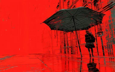 Gordijnen Rainy day urban landscape with person holding umbrella and building in background, cityscape painting art © SHOTPRIME STUDIO