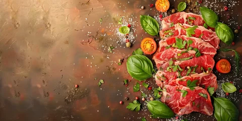 Foto op Canvas Fresh raw beef meat with herbs and spices on a rustic wooden background with copy space for text © SHOTPRIME STUDIO