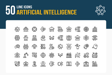 Set of 50 Artificial Intelligence icons related to Neural Network, Robot Head, AI Chip, Brain Circuit Line Icon collection