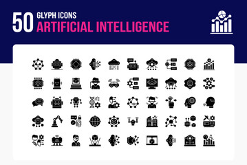 Set of 50 Artificial Intelligence icons related to Neural Network, Robot Head, AI Chip, Brain Circuit Glyph Icon collection