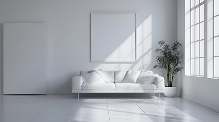 Fototapeta na wymiar White minimalist living room interior with sofa, dresser on a wooden floor, decor on a large wall, minimalist living room in white color with sofa ,Scandinavian interior design