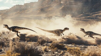 A pack of Velociraptors hunting their prey in a dusty desert landscape, showcasing their agility and speed.