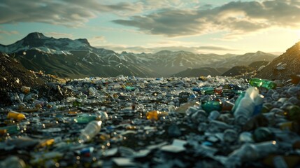 A overflowing landfill overflowing with plastic waste, a stark reminder of the pollution crisis linked to global warming.3D rendering. - obrazy, fototapety, plakaty