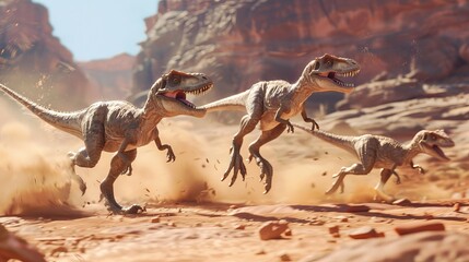 A pack of Velociraptors hunting their prey in a dusty desert landscape, showcasing their agility and speed.