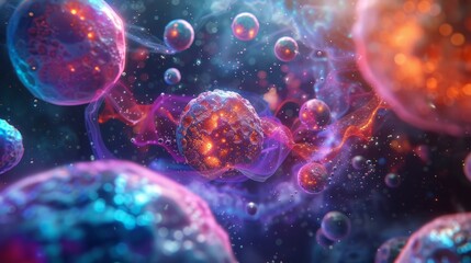 A microscopic world where fundamental particles resemble miniature planets orbiting a central nucleus, visualized with a vibrant color scheme.3D rendering - obrazy, fototapety, plakaty