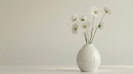 A minimalist floral arrangement in a ceramic vase. Use only two or three flowers of different colors, arranged asymmetrically.