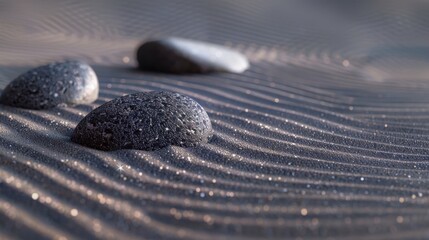 A minimalist rock garden with perfectly raked sand and a few strategically placed stones. The composition is clean and balanced.