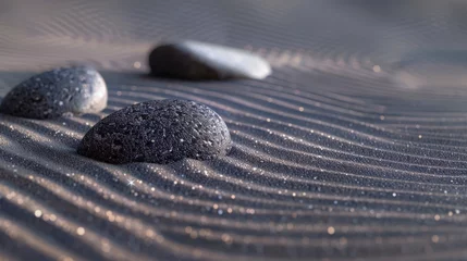 Foto auf Alu-Dibond A minimalist rock garden with perfectly raked sand and a few strategically placed stones. The composition is clean and balanced. © Eve Creative