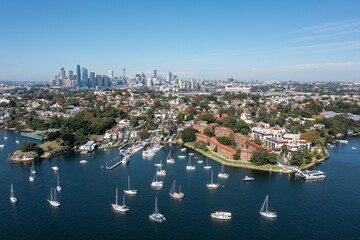 Sydney suburb of Balmain,the  city skyline and Parramatta river. - 785942999