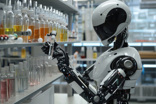 A humanoid robot is conducting experiments in the laboratory, holding test tubes and using an electronic pen to write down data on paper.