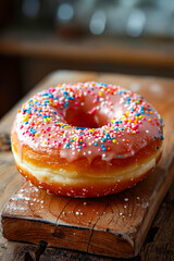 Donut with sprinkles on top of wooden board.