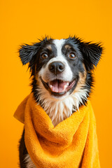 Dog wearing towel on orange background.