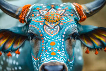 Cow with colorful paint on its face.