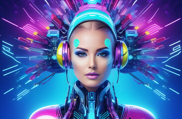 A woman in a futuristic neon suit and virtual reality glasses, the technology of the future. The concept of artificial intelligence. VR