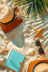 Beach scene with hat, sunglasses, and starfish.