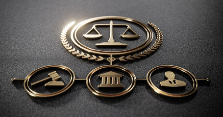 Golden Scales of Justice and Legal Icons: symbolizing Law and Order. Legal System concept