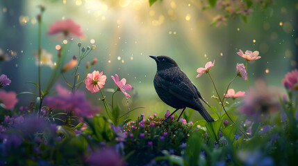a garden waking up to the soft glow of dawn, with dew-kissed petals and the gentle chirping of awakening birds High detailed,high resolution,realistic and high quality photo professional photography