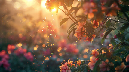 a garden waking up to the soft glow of dawn, with dew-kissed petals and the gentle chirping of awakening birds High detailed,high resolution,realistic and high quality photo professional photography - obrazy, fototapety, plakaty
