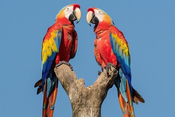 A couple of macaws sharing a perch
