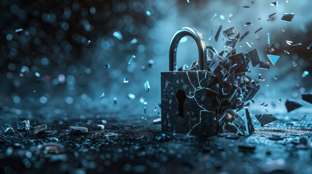 A padlock shattering into fragments, data flowing freely, representing a security breach.3D rendering