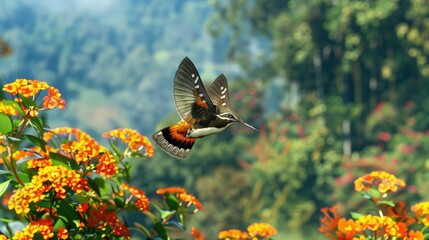 Fototapeta premium Detailed view of a hummingbird moth hovering near flowers
