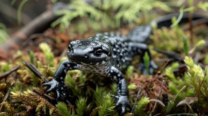 Naklejka premium Detailed shot of a salamander in a forest undergrowth