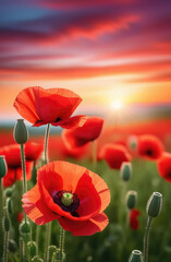 Red poppies flowers in the field at sunset. Beautiful spring landscape
