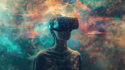 A person wearing a VR headset, completely immersed in a digital world depicted behind them. - obrazy, fototapety, plakaty