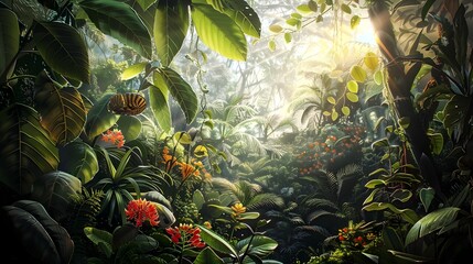 Fototapeta na wymiar Lush Amazonian Rainforest with Vibrant Medicinal Plants Bathed in Filtered Sunlight
