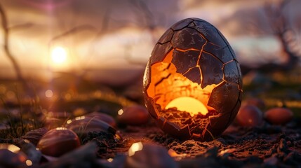 A photorealistic image of a chocolate Easter egg being cracked open, revealing a scene of the Easter sunrise inside.3D rendering