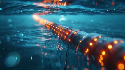 A powerful undersea fiber optic cable glowing with data as it transmits information across the ocean floor. - obrazy, fototapety, plakaty